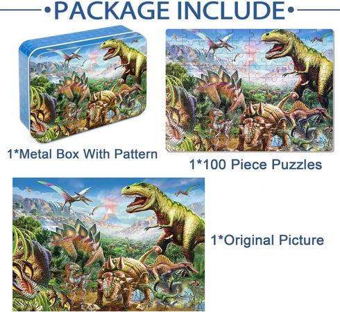 LELEMON Puzzles for Kids Ages 4-8,Tyrannosaurus 100 Piece Puzzles for Kids,Educational Kids Puzzles Ages 6-8 Jigsaw Puzzles in a Metal Box,Dinosau...