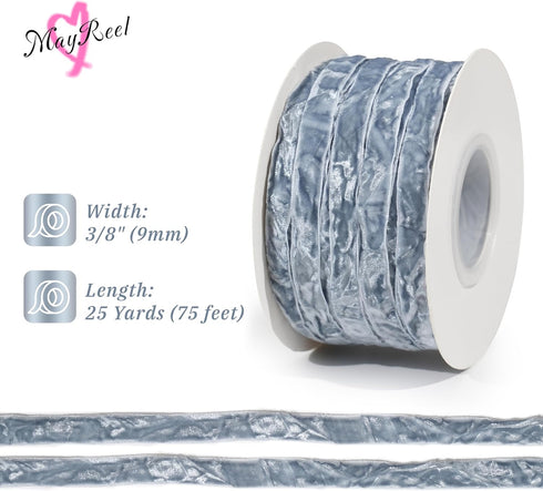 Dusty Blue Crushed Velvet Ribbon 3/8" x 25 Yards French Blue Ribbon for Flower Bouquet Vintage Velvet Ribbon for Wedding Invitations, Crafts, Gift...