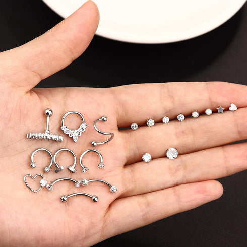 Subiceto 21 Pcs 16G Cartilage Earrings Hoop Studs for Women Men Stainless Steel Forward Labret Helix Piercing Jewelry Lip Ring Rook Daith Conch Tr...