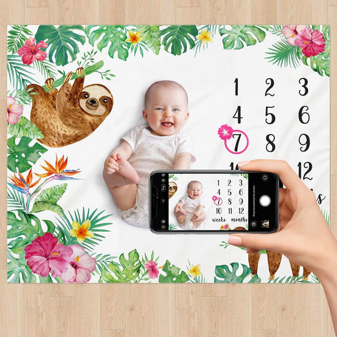 Watercolor Flowers Jungle Baby Sloth Monthly Milestone Blanket - Soft Fleece Blanket for Baby Girls - Perfect Age Photo Props and Newborn Baby Gif...