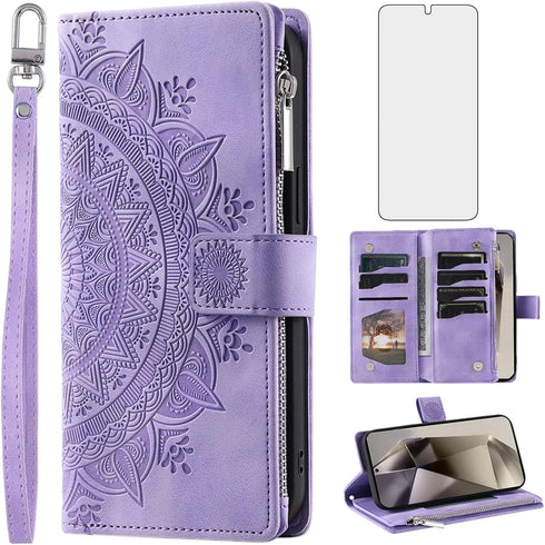 Phone Case for Samsung Galaxy S24 Ultra 5G Wallet Cover With Tempered Glass Screen Protector and Wrist Strap Mandala Flower Flip Zipper Card Holde...
