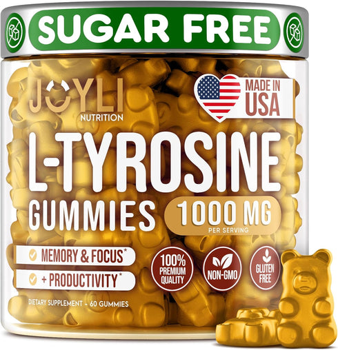 Joyli L Tyrosine Gummies 1000MG - L-Tyrosine Supplement for Kids & Adults - Calm & Focus Gummies for Brain, Memory, Mood, and Energy - 500mg L- Ty...