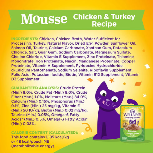Wellness® Appetizing Entrées™ Mousse Chicken & Turkey Recipe Infused with Broth Natural Wet Cat Food, 1.4 oz Pouch (Pack of 8)...