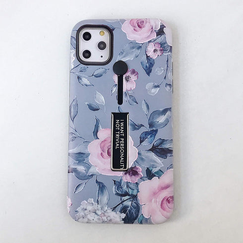 Compatible with iPhone 11 Pro Max Case Finger Grip,3D Embossed Pink Flowers Gray Shell Design,Rugged Shockproof Slim Fit Dual Layer Finger Ring Lo...