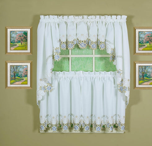 Today's Curtain Verona Reverse Embroidery Tier, 36", White/Blue, 60" W X 36" L...