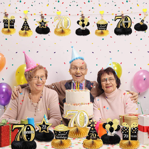 8 Pieces Cheers to 70 Years Birthday Decorations 70th Birthday Honeycomb Centerpieces Black Gold Table Toppers 70th Party Decorations for Seventy ...