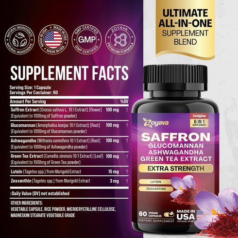Zoyava Saffron Supplements 1000mg Glucomannan 1000mg Ashwagandha 1000mg Green Tea Extract 1000mg Lutein & Zeaxanthin - Pure Saffron Extract Capsul...