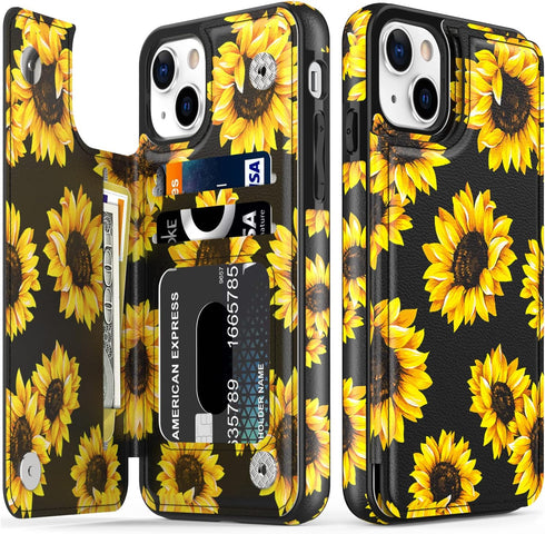 LETO for iPhone 13 Case,Flip Folio Leather Wallet Cover with Fashion Flower Designs for Girls Women,Built-in Card Slots Kickstand Protective Phone...