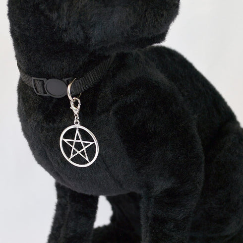 Black Cat Collar with Wiccan Pagan Pentacle Silver Finish On Safety Breakaway Collar Adjustable Neck Size 8 to 12 Inches...