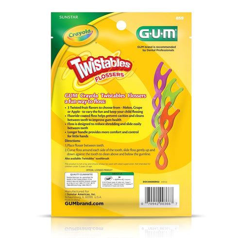 GUM Crayola Twistables Kids Flossers with Fluoride - Designed for Little Hands - Three Fun Fruit Flavors - Easy to Use Kids Floss Picks for Childr...