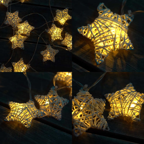 6 ft 10 LED Metal Rattan Style Star String Fairy Lights Garland, Battery Operated, Wedding Holiday Christmas Tree, Valentine Kid’s Room Bedroom De...