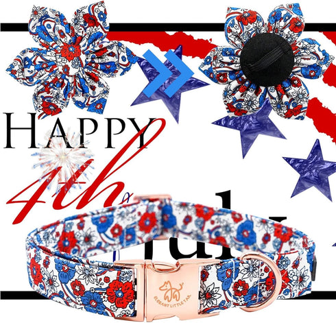 Elegant little tail Independence Day Dog Collar, Blue with Red Flower Dog Collars Holiday Dog Collar with Flower Pet Gift Adjustable Puppy Collar ...