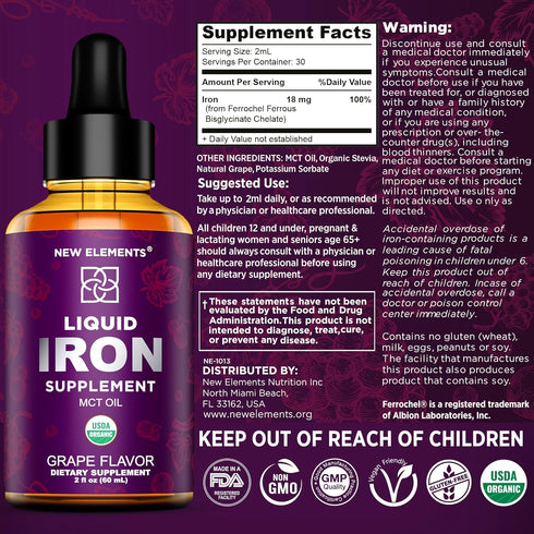 Iron Supplement for Women & Men Free Blood Builder, Iron Vitamin for Anemia USDA Organic Liquid Iron Drops for Adults with MCT Oil, Natural Grape ...
