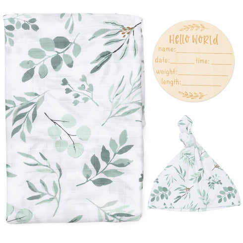 Organic Swaddle Blanket and Hat Set - Boho Baby Receiving Blanket Neutral - Soft Organic Cotton and Bamboo Muslin Swaddle Blanket, Eucalyptus Leav...