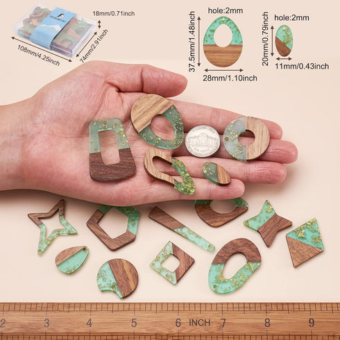 FASHEWELRY 30Pcs Transparent Resin Wood Earring Charms Gold Foil Teardrop Rhombus Oval Wooden Resin Charms Vintage Geometric Wood Statement for Je...