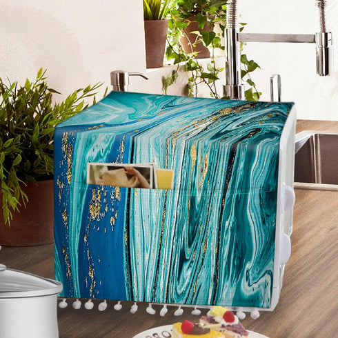 Microwave Oven Cover Dust Oil Proof Cloth Linen Machine Protector Decorative Kitchen Appliance Cover with Side Storage Pockets 11.8x35.4inches Blu...
