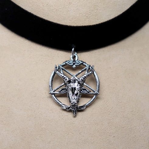 Baphomet Goat Head Satanic Inverted Pentacle Black Velvet Choker Adjustable...