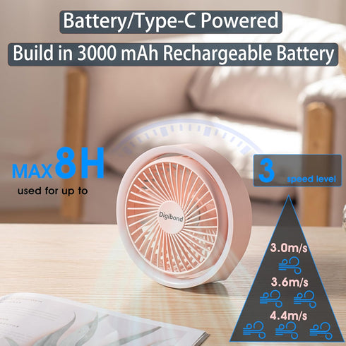 Pink Desk Fans Small Quiet with Ambient Light/Hook Portable USB Fan 5.3in High Power 3000mAH Rechargeable Battery Operate 3 Speed 180°Rotated Easy...