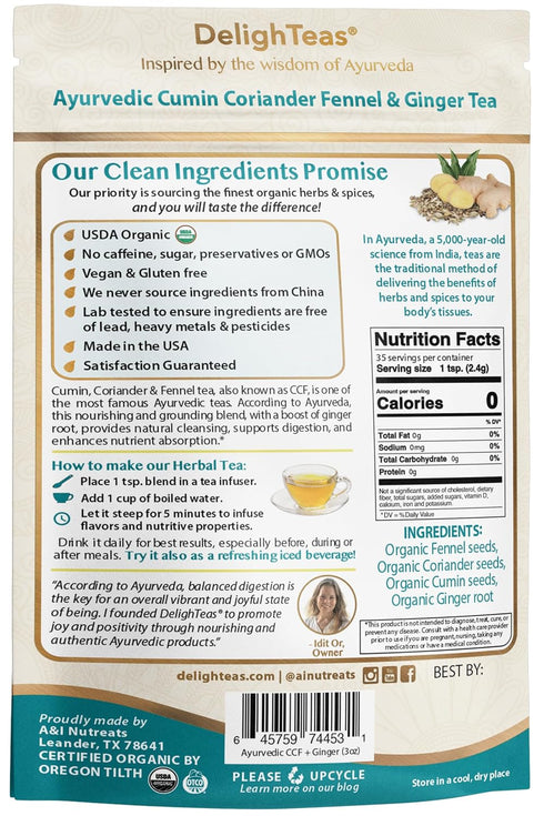 DelighTeas Organic Digest & Detox CCF Tea with Ginger | Ayurvedic Cumin, Coriander, Fennel, Ginger Loose Leaf Tea for Digestion | USDA Organic, No...