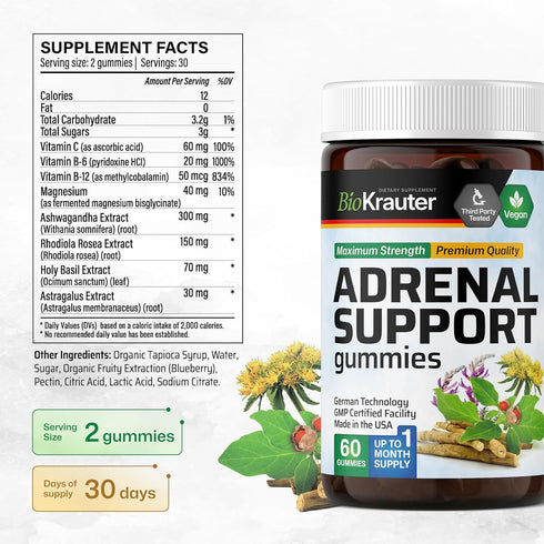 Adrenal Support Gummies - Organic Rhodiola & Ashwagandha Gummies with Vitamins C, B6, B12 for - Vegan Mood Support Supplement 60 Chews...