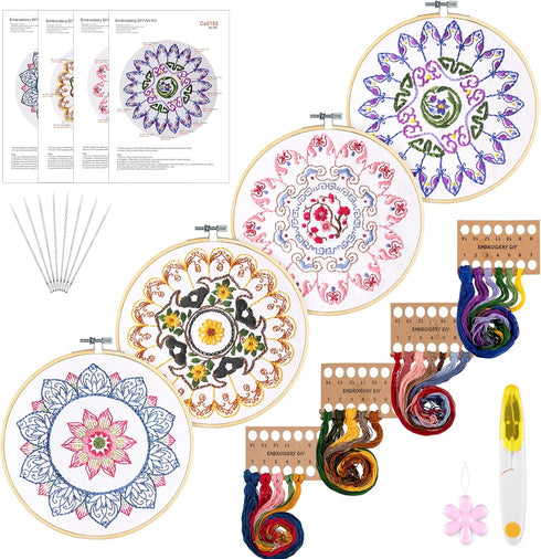 Whaline 4 Mandala Embroidery Starter Kit with Instruction Plum Blossom Chrysanthemum Orchid Lotus Needlepoint Cross Stitch Kit with Embroidery Hoo...
