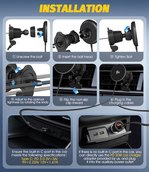 Orzero Upgraded 15W Qi2 Certificated Wireless Car Charger for iPhone 15/14/13/12 Series, Mag-Safe Vent Mount with PD Adapter, Fast Charging, Secur...