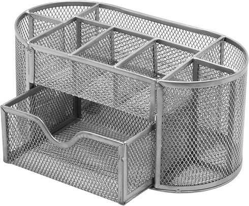 Silver Mesh Pen Holder and Organizer Office Supplies with 9 Compartments, Desktop Organizer with Drawer, Metal Pen Holder for Desk, ?9.25" x 4.53"...