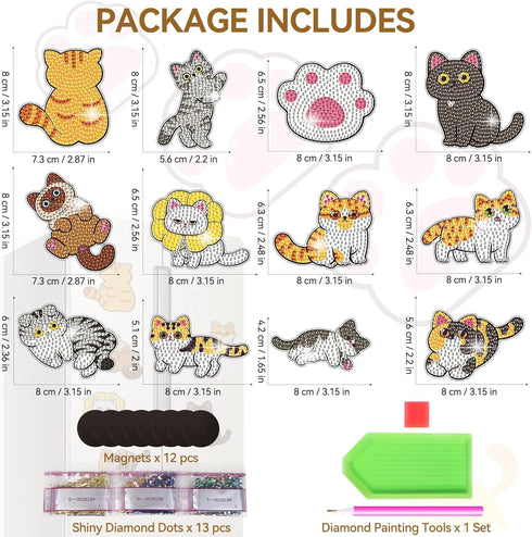 Vcekract 12 PCS Diamond Painting Refrigerator Magnets, Cat Diamond Painting Kits for Adults, Diamond Art Kits for Home Decor, Small Diamond Art Cr...