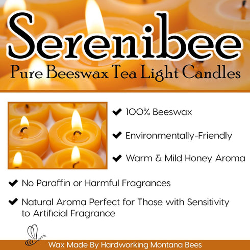 Serenibee Beeswax Tea Light Candles - 100% Pure Beeswax with One Reusable Glass Candle Holder and Reusable Cotton Bag Eco Friendly Gift Set(12)...