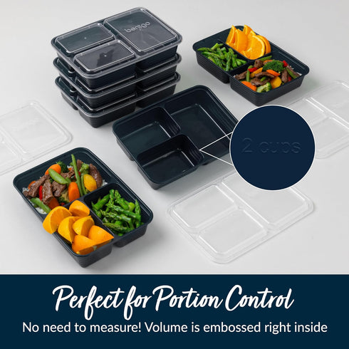 Bentgo 20-Piece Lightweight, Durable, Reusable BPA-Free 3-Compartment Containers - Microwave, Freezer, Dishwasher Safe - Navy Blue...
