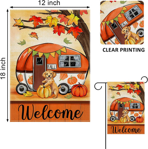 Welcome Fall Camping Car Decorative Garden Flag, Autumn Golden Retriever Dog Pumpkin Yard Outside Decorations, Maple Tree Farmhouse Rustic Burlap ...