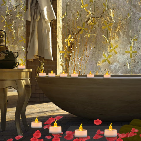 LANKER 500 PCS Red Artificial Rose Petals with 24 PCS Flickering Amber Yellow Flameless Tea Lights Candles for Valentine's Day and Romantic Occasi...