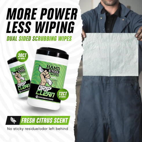 Grip Clean Cleaning Wipes – Hand Cleaner for Mechanics, Heavy-Duty Hand Wipes for Grease & Oil, Cleaning Wipes All Purpose for Tools & Surfaces, W...