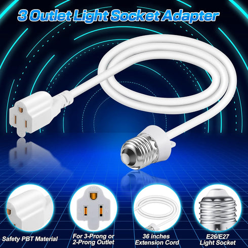 3 Outlet Light Socket Adapter, Convert E26/E27 Bulb Socket to 3 Prong Outlet with Extension Cord, Flexible Light Socket Converter Suitable for Ind...