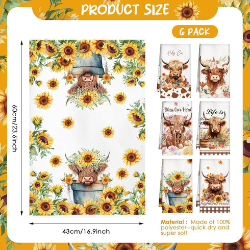 Absorbent Dish Kitchen Towels - 6pcs Highland Cow Sunflower Summer Yellow Cleaning Drying Dishes Towel Soft Farmhouse Decor Funny Gifts for Women ...