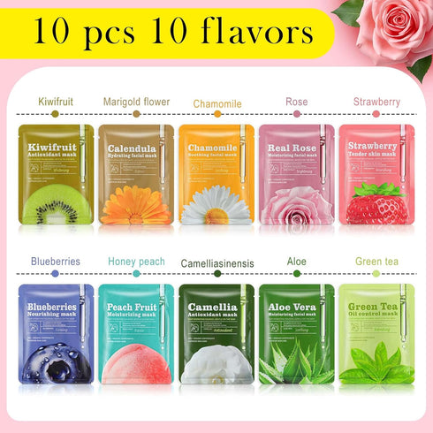 10 Pcs Combo Essence Face Masks Skincare Hydraiting Facial Mask Moisturizing Self Care Sheet Mask for Women Girls Home Spa Skin Care (Classic Styl...