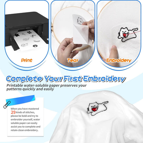 3 Sets Embroidery Kit for Beginners Adults and 2 Pieces Water Soluble Stabilizer for Embroidery?Learn 29 Different Stitches,Easy to Follow Instruc...