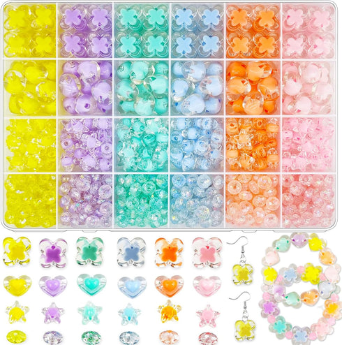 582Pcs Acrylic Pastel Beads Kit: 336 Macaron Color Rondelle, 144 Star, 54 Heart, 48 Flower Beads for Jewelry Making, Hair Braids...