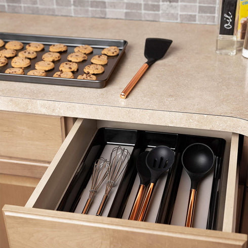 Kitchen Utensils Organizer | Utensil Tray Holder | Large Non-Slip Cutlery Drawer Organizer, 3 Compartment Multi-Purpose Home Organization, Black U...