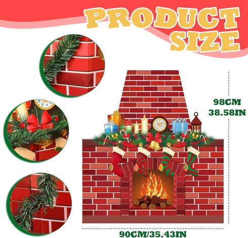 TaoBary Christmas Cardboard Fireplace 35.4 x 38.6 Inch Red Brick Bulletin Board Decoration Christmas Holiday Hearth Bulletin Board with 16.4 ft PV...