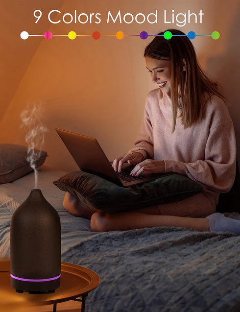 Essential Oil Diffuser,Handcrafted Ceramic Diffuser for Home,Ultrasonic Cool Mist Air Diffuser, 9 Colors Night Light with Timer (Black)...
