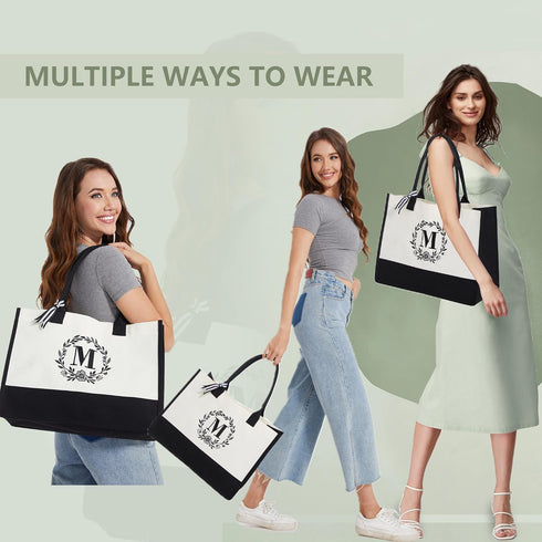 BeeGreen Monogram Initial Canvas Bag with Inner Zipper Pocket Embroidery Personalized Tote for Mom Teacher Friend...