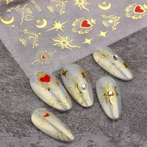 12 Sheets Star Nail Stickers for Nail Art 3D Self-Adhesive Nail Art Stickers Gold Silver Sun Moon Heart Nail Art Design Decoration Accessories for...