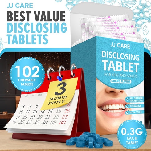 JJ Care Disclosing Tablets for Teeth- 102 Count Grape Flavored Plaque Disclosing Tablets for Kids and Adults, 3 Month Supply of Teeth Coloring, In...