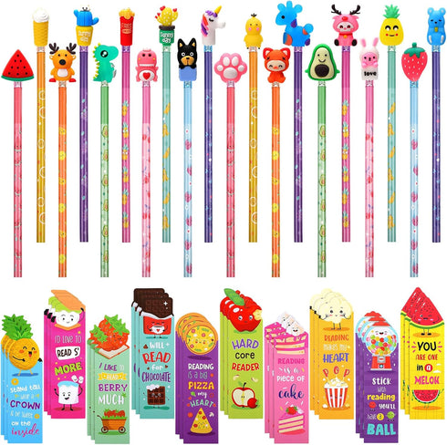 80 Pcs Scented Bookmarks and Scented Pencils with Cute Pencil Toppers Set Fun Pencils Fruit Food Theme Scratch and Sniff Bookmarks Cartoon Pencil ...
