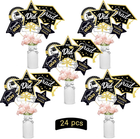 Black and Gold Graduation Decorations Set of 24 Class of 2025 Table Decor Congrats Grad Party Centerpiece Sticks Table Toppers Graduation Party Su...
