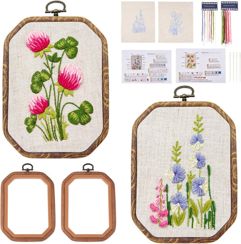 Craftdady 2 Sets Flower Patterns Hand Embroidery Kit Spring Plants Embroidery Starter Kit with Resin Embroidery Hoop Floss Fabric Instruction for ...