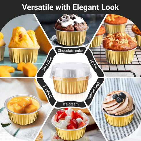 EUSOAR Disposable Ramekins Aluminum Foil, Gold 25Packs 5oz Baking Cups with Lids Mini Muffin Liners, Dessert Cheesecake Pan Creme Brulee Cupcake C...
