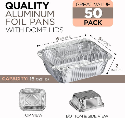 Fit Meal Prep 50 Pack Small Aluminum Foil Pans with Clear Lids, 1 lb 5 x 4” Disposable Tin Foil Baking Pans, Durable Foil Food Containers Freezer ...