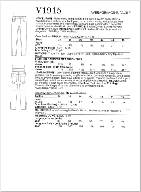Vogue Men's Jeans Sewing Pattern Kit, Design Code V1915, Sizes 34-36-38-40...